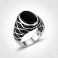 L925 Italian Silver Men's Ring with Black Onyx &amp; Intricate Pave Wave Design