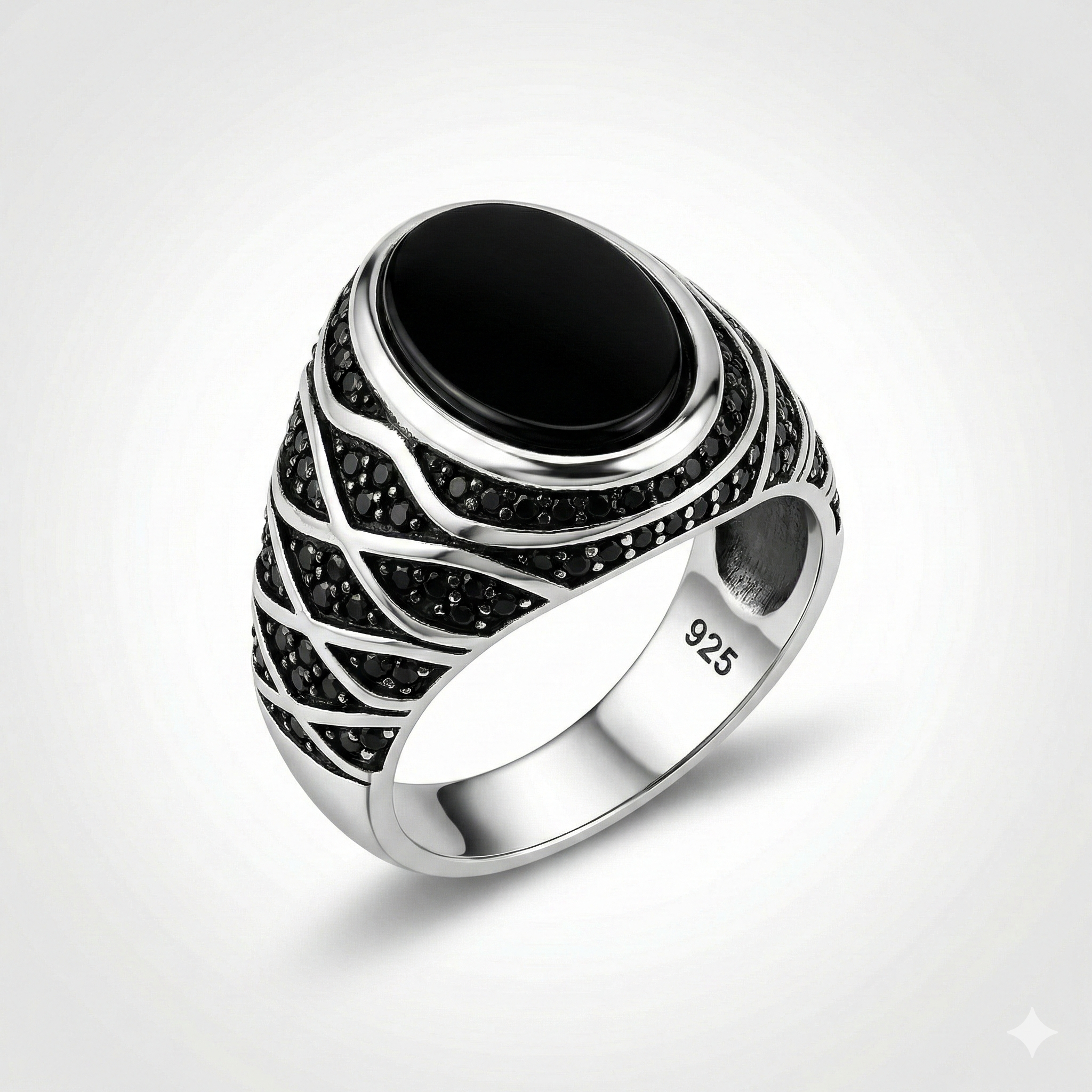 L925 Italian Silver Men's Ring with Black Onyx &amp; Intricate Pave Wave Design