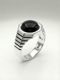925 Italian Silver Men's Ring with Black Onyx Style Stone in Hexagonal Setting
