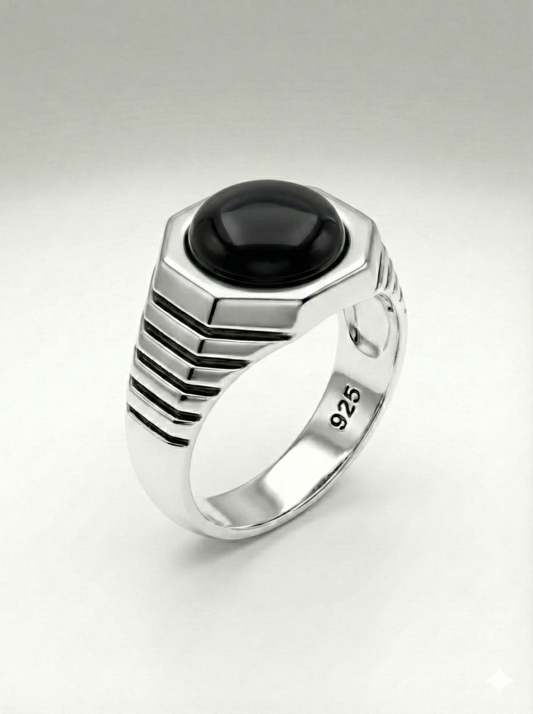 925 Italian Silver Men's Ring with Black Onyx Style Stone in Hexagonal Setting