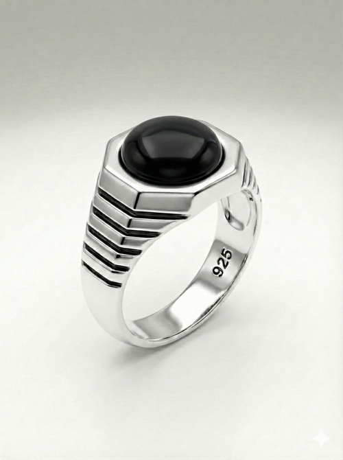 925 Italian Silver Men's Ring with Black Onyx Style Stone in Hexagonal Setting