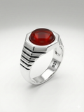 925 Italian Silver Men's Ring with Red Agate in Hexagonal Geometric Setting