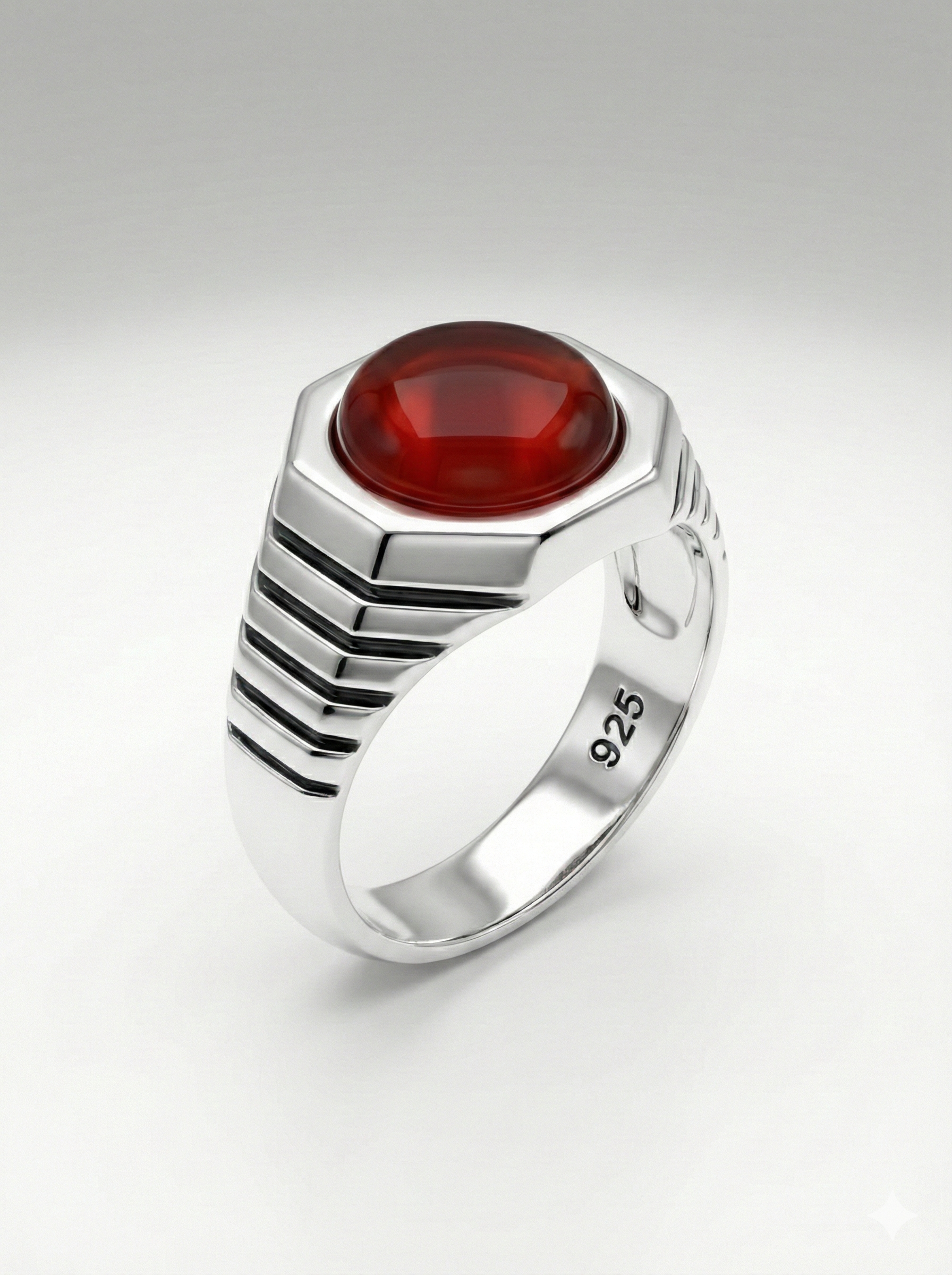 925 Italian Silver Men's Ring with Red Agate in Hexagonal Geometric Setting