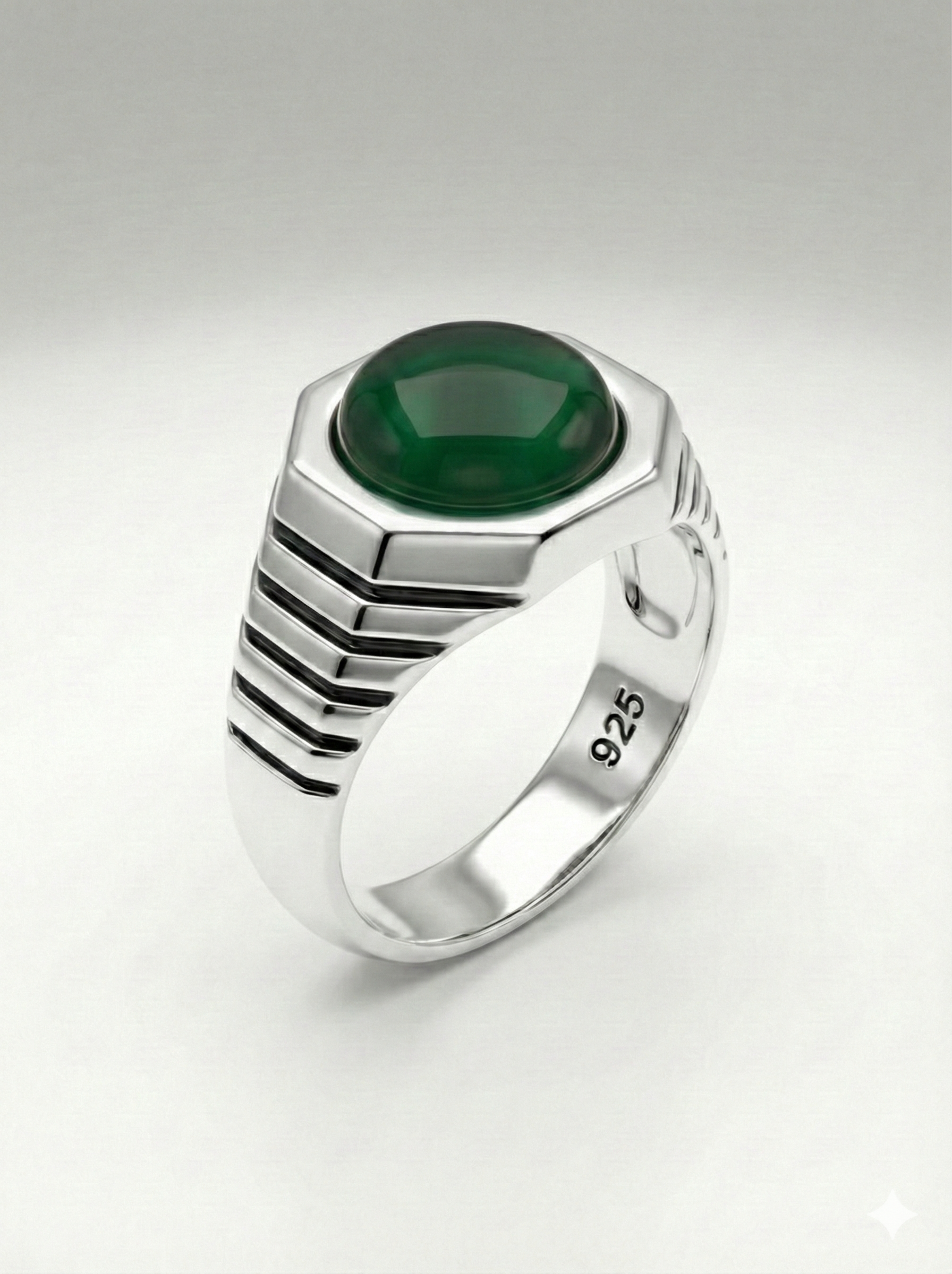 925 Italian Silver Men's Ring with Green Agate Style Stone in Hexagonal Setting