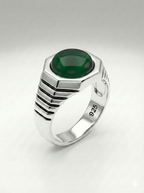 925 Italian Silver Men's Ring with Green Agate Style Stone in Hexagonal Setting