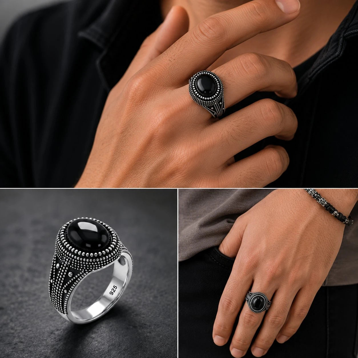 Black stone ring on a hand with close-up details on a dark background