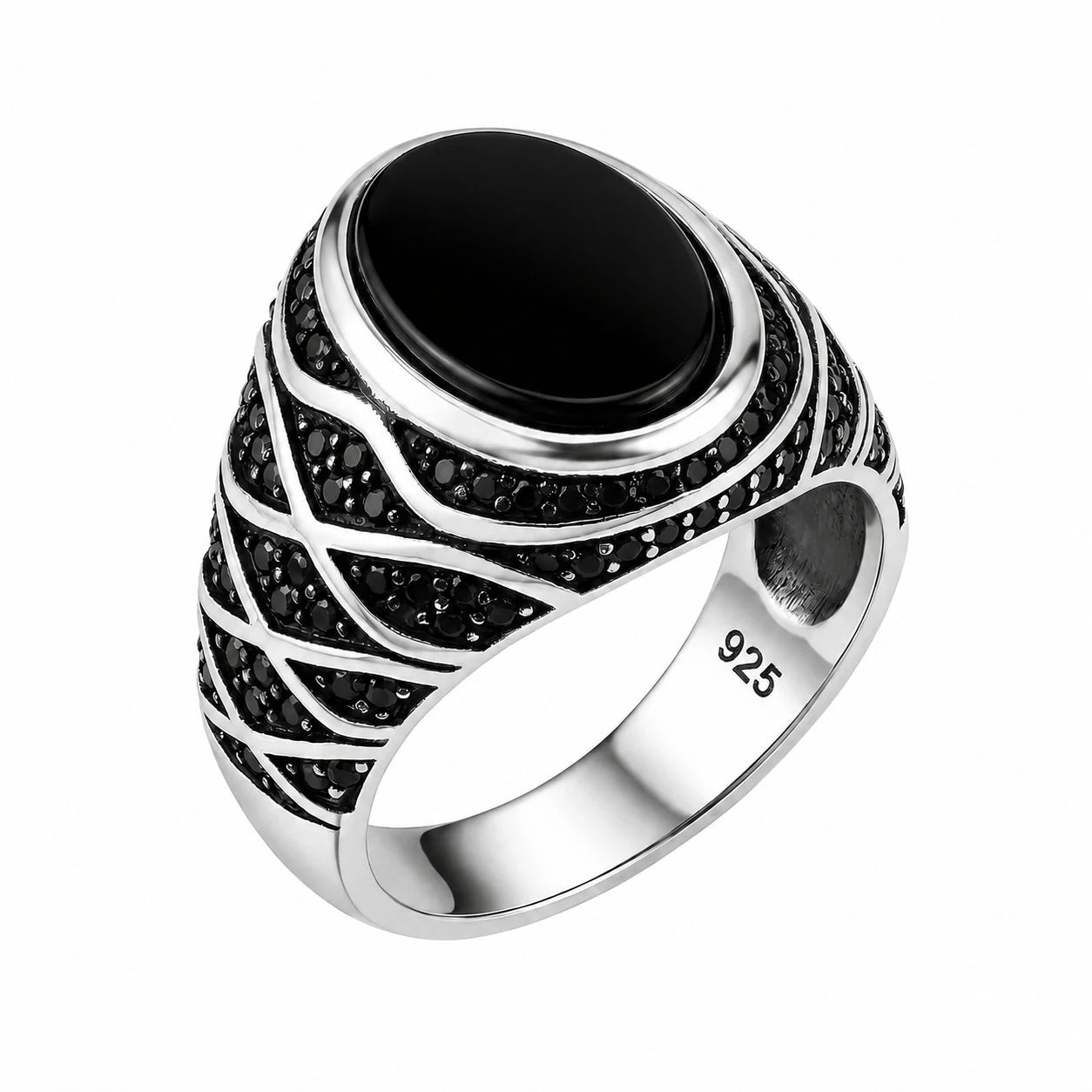 Silver ring with black gemstone on a white background