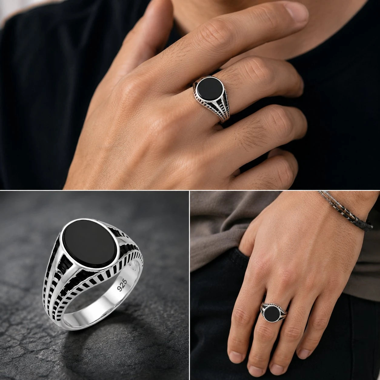 Silver ring with black stone on a hand against a dark background