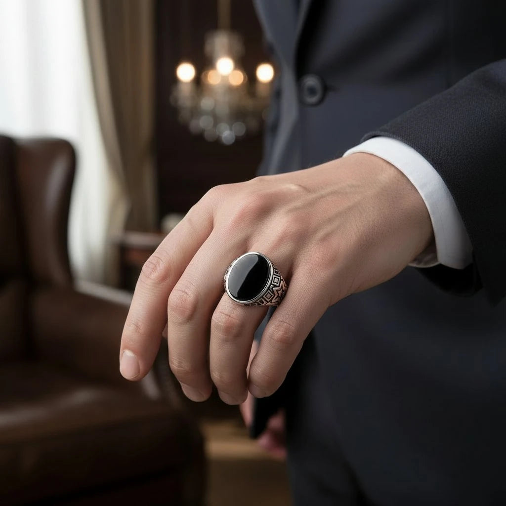 Hand wearing a ring with a black stone in a formal setting