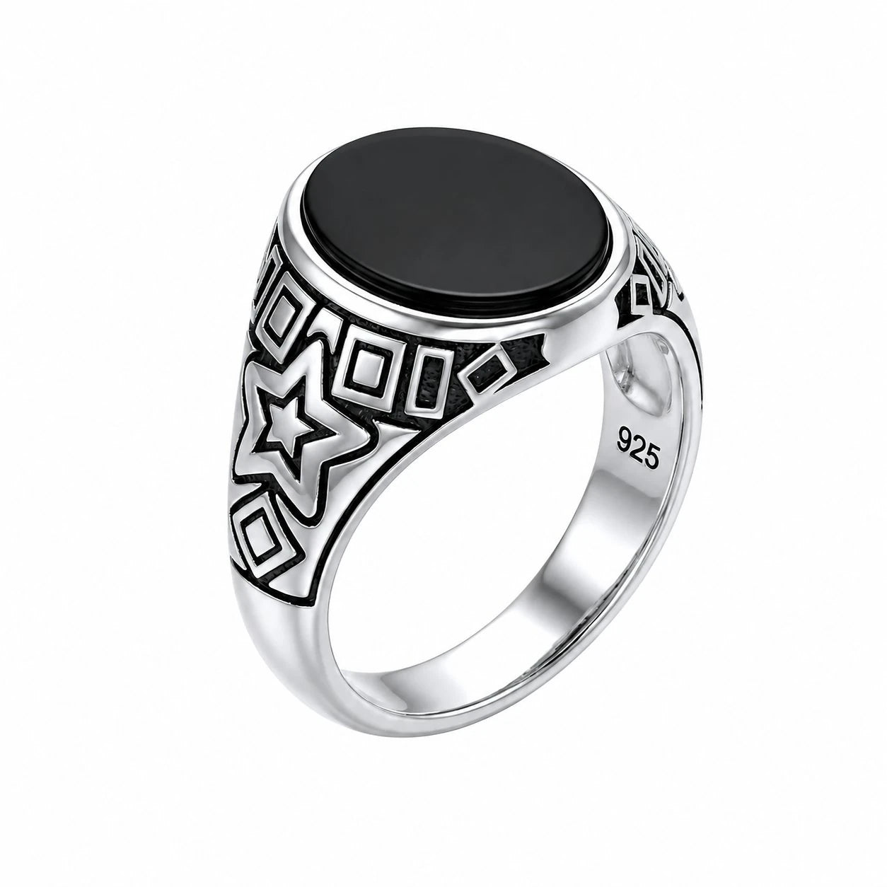 Silver ring with black stone and star design on a white background