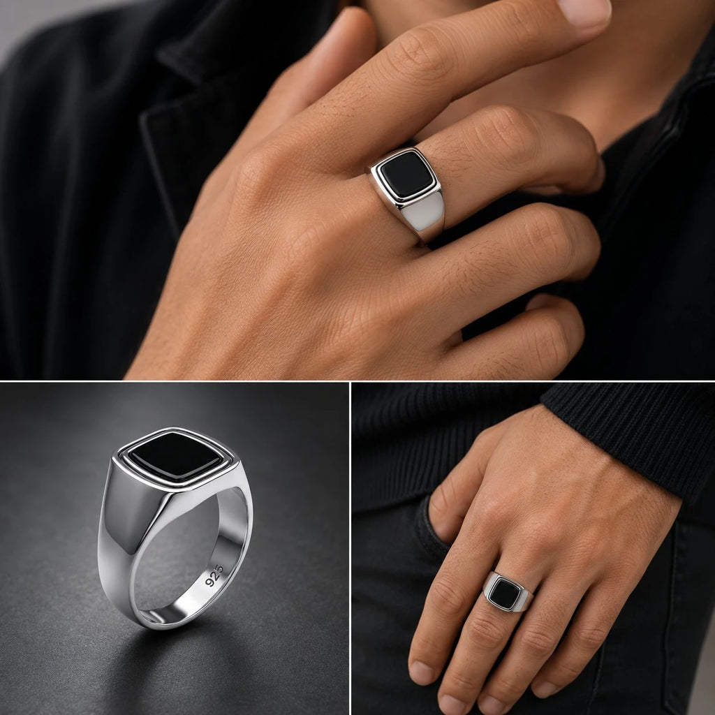 Silver ring with a black center on a hand, shown from different angles.