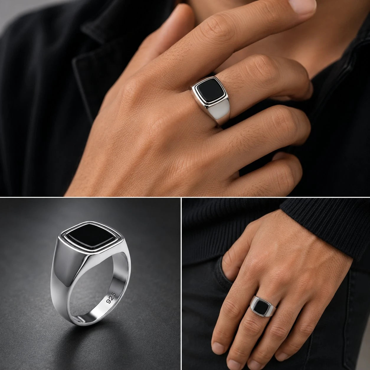 Silver ring with a black center on a hand, shown from different angles.