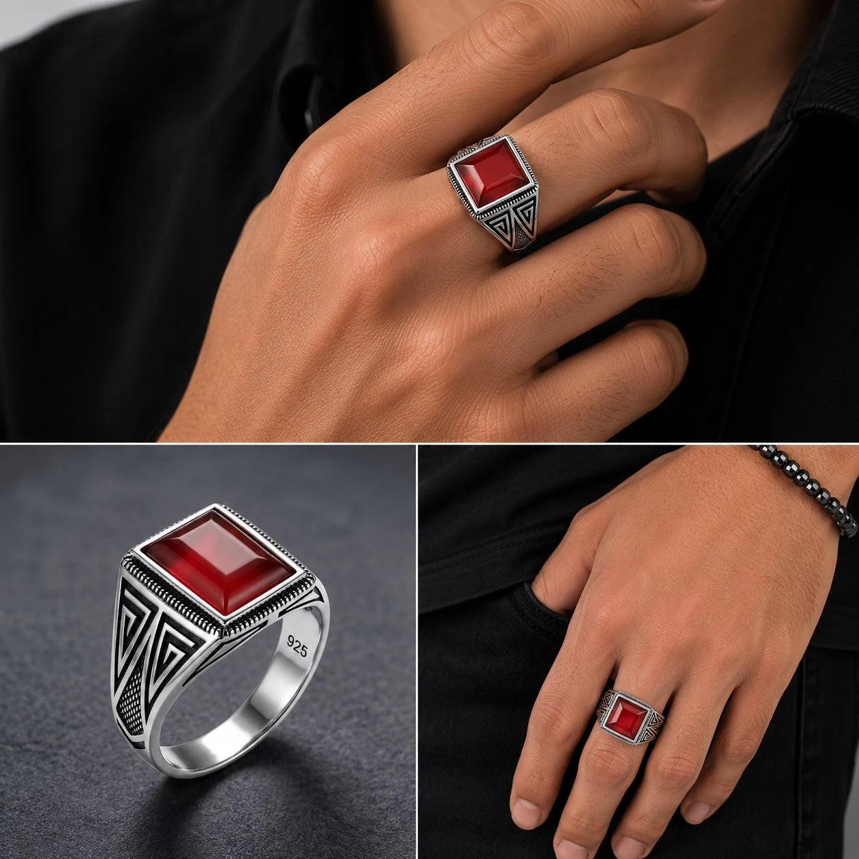 Silver ring with a red stone worn on a hand, displayed against a dark background.