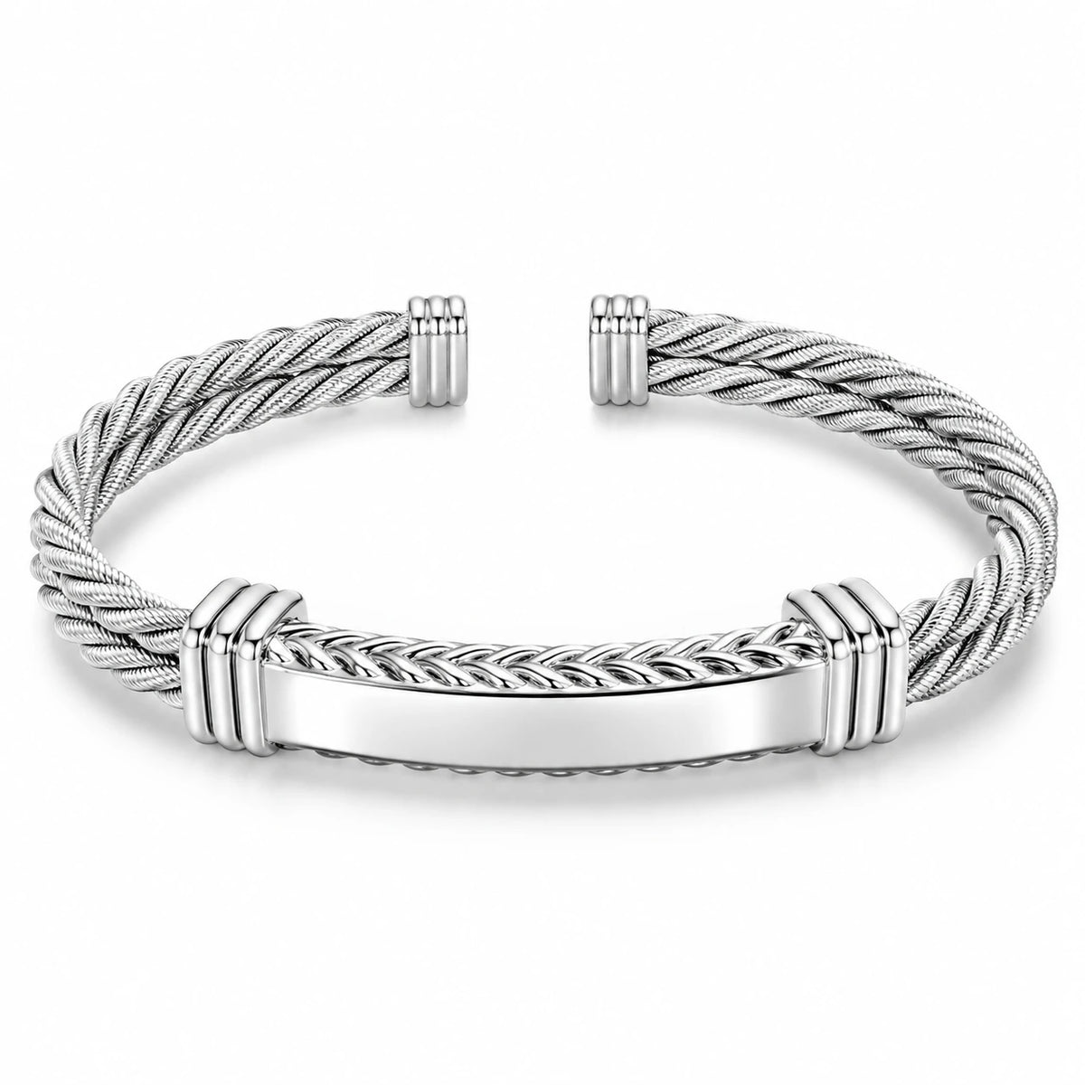 Men's silver open cable cuff bracelet with twisted detailing, polished centre bar and ribbed accents on white.