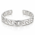 Men's polished silver open cuff bracelet with broad sculptural chain-link motifs and rounded ends on white.