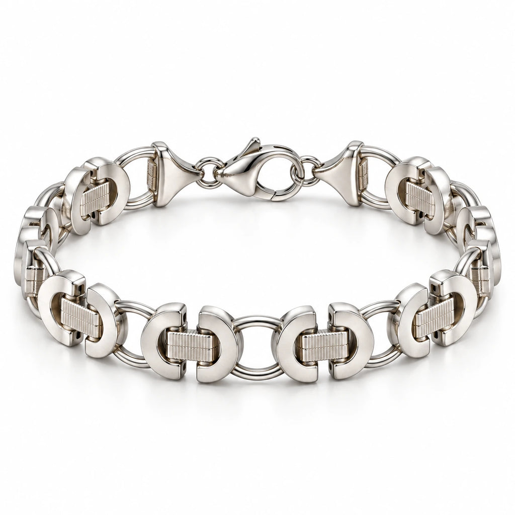 Men's 925 sterling silver bracelet with polished crescent links, ridged bars and a lobster clasp on white.
