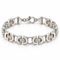 Men's 925 sterling silver bracelet with polished crescent links, ridged bars and a lobster clasp on white.