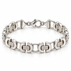 Men's 925 sterling silver bracelet with polished crescent links, ridged bars and a lobster clasp on white.