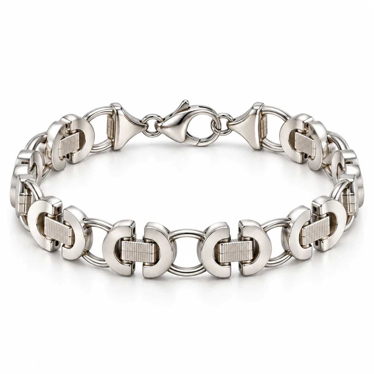 Men's 925 sterling silver bracelet with polished crescent links, ridged bars and a lobster clasp on white.