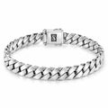 Men's polished silver Cuban-link bracelet with closely interlocking angled links and a rectangular box clasp on white.