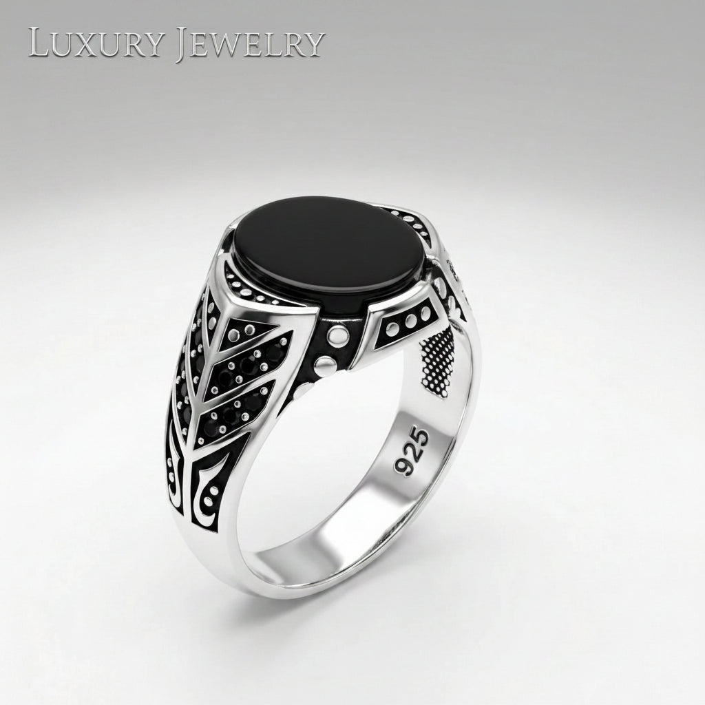 Silver ring with black stone on a light gray background