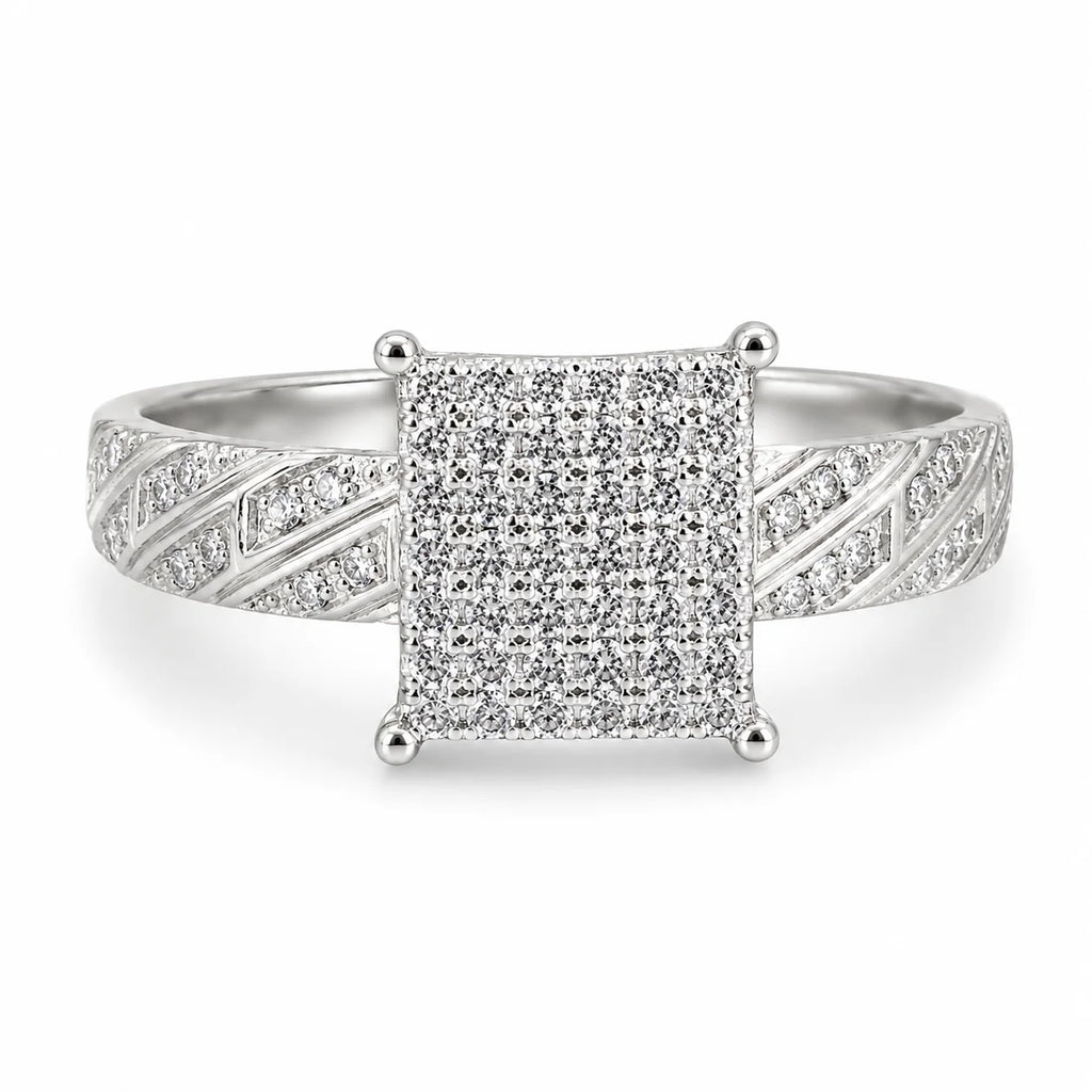 Carré Lumière Ring — Square Pavé Cluster Ring, 925 Italian Silver Rhodium Finish, 3.2g, Size 7, Engraved Shoulder Band — Fine Silver KSA — ring7.webp
