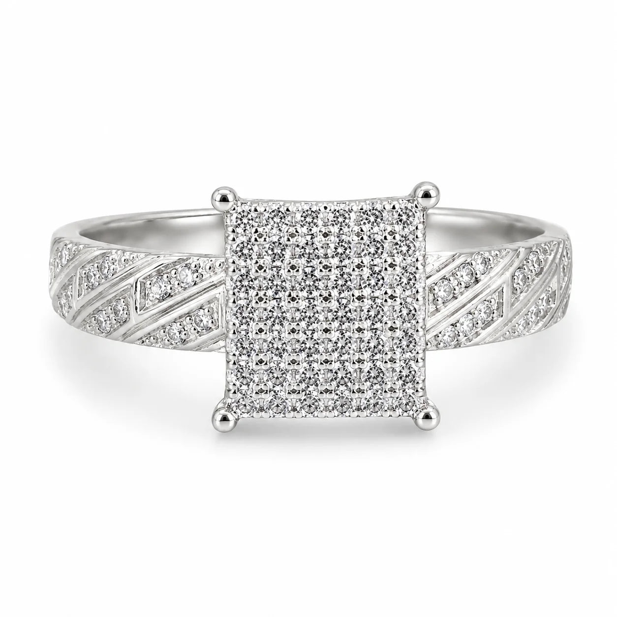 Carré Lumière Ring — Square Pavé Cluster Ring, 925 Italian Silver Rhodium Finish, 3.2g, Size 7, Engraved Shoulder Band — Fine Silver KSA — ring7.webp

