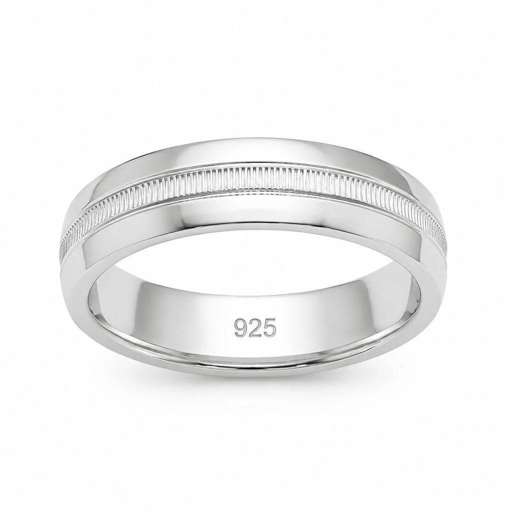 Silver ring with '925' stamp on a white background