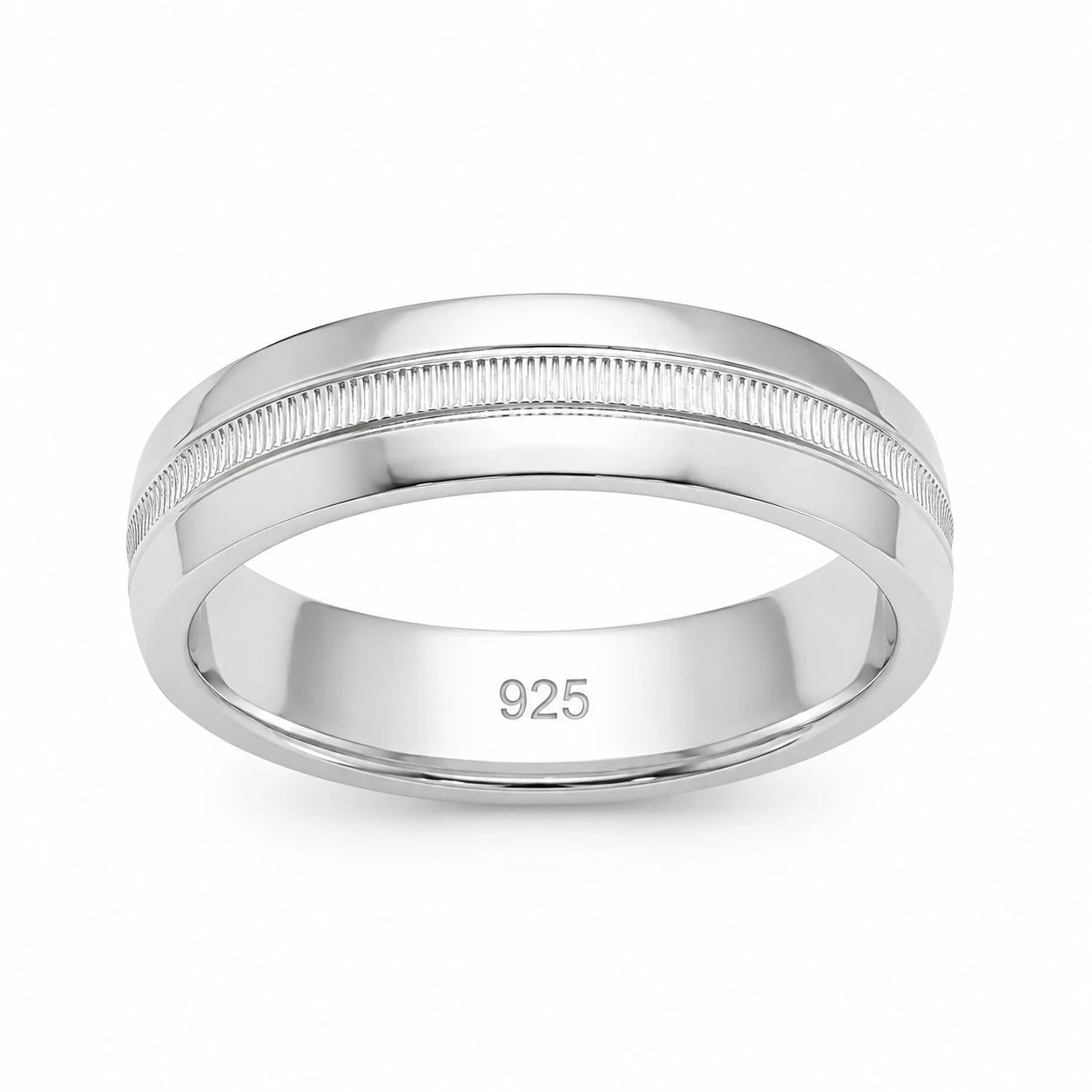 Silver ring with '925' stamp on a white background