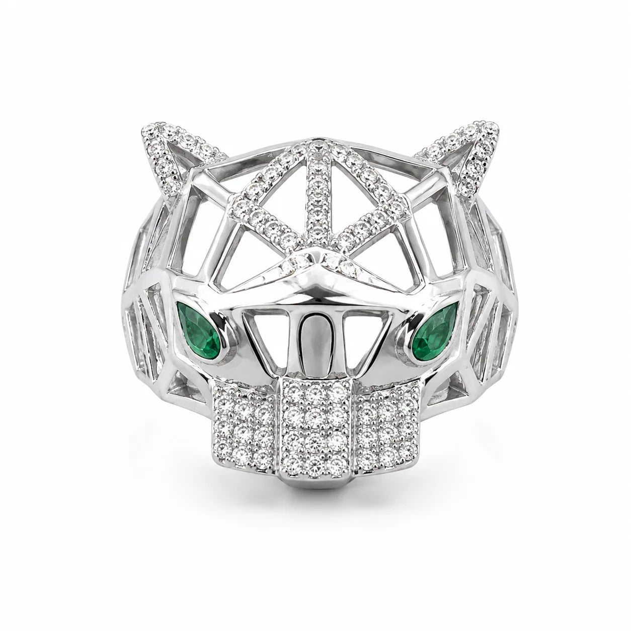 Silver panther head ring with emerald eyes on a white background