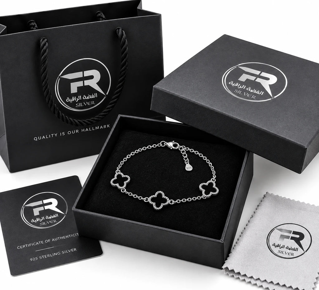 Fine Silver 925 sterling silver black onyx clover bracelet in branded black gift box with certificate, polishing cloth and bag, KSA
