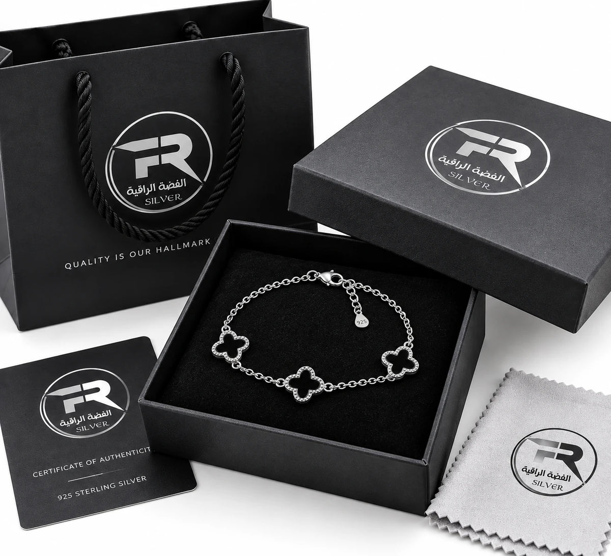 Fine Silver 925 sterling silver black onyx clover bracelet in branded black gift box with certificate, polishing cloth and bag, KSA