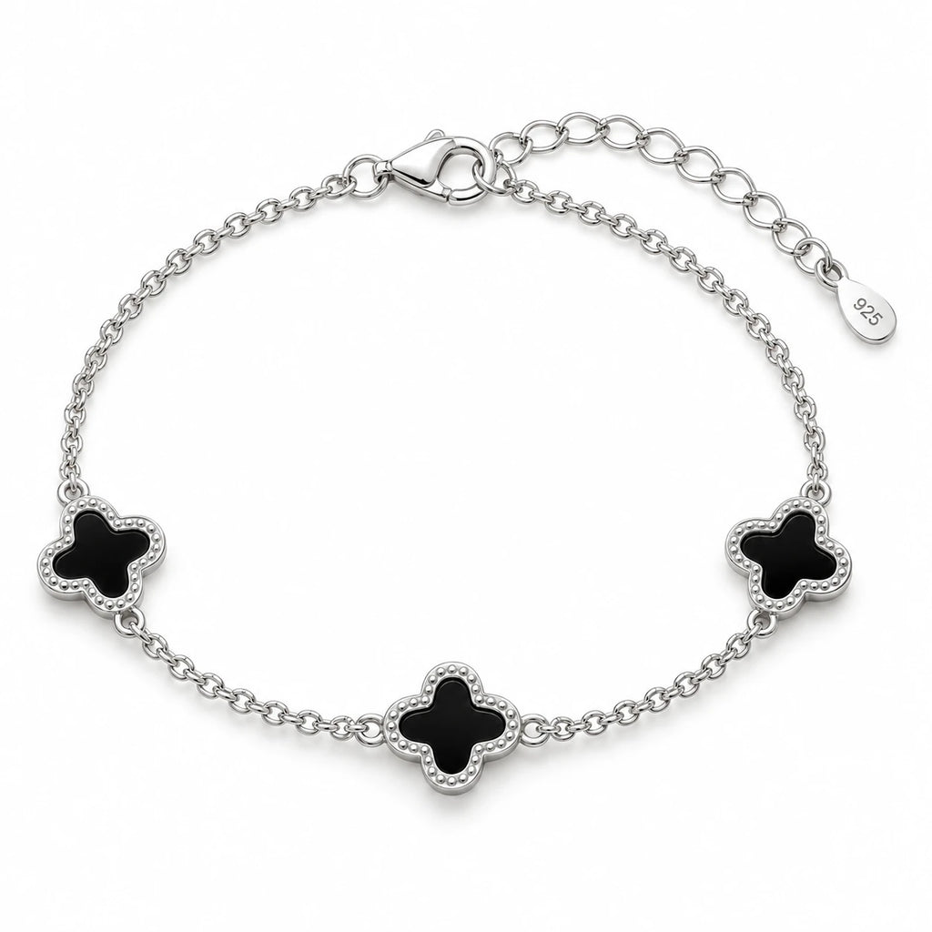 Women's 925 Italian sterling silver triple clover black onyx bracelet on white background, Fine Silver KSA, 21.5cm