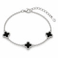 Women's 925 Italian sterling silver triple clover black onyx bracelet on white background, Fine Silver KSA, 21.5cm