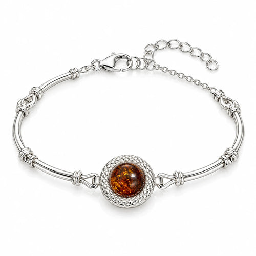 Women's 925 Italian sterling silver amber stone tube bar bracelet on white background, cognac amber cabochon, diamond-lattice bezel, Fine Silver KSA