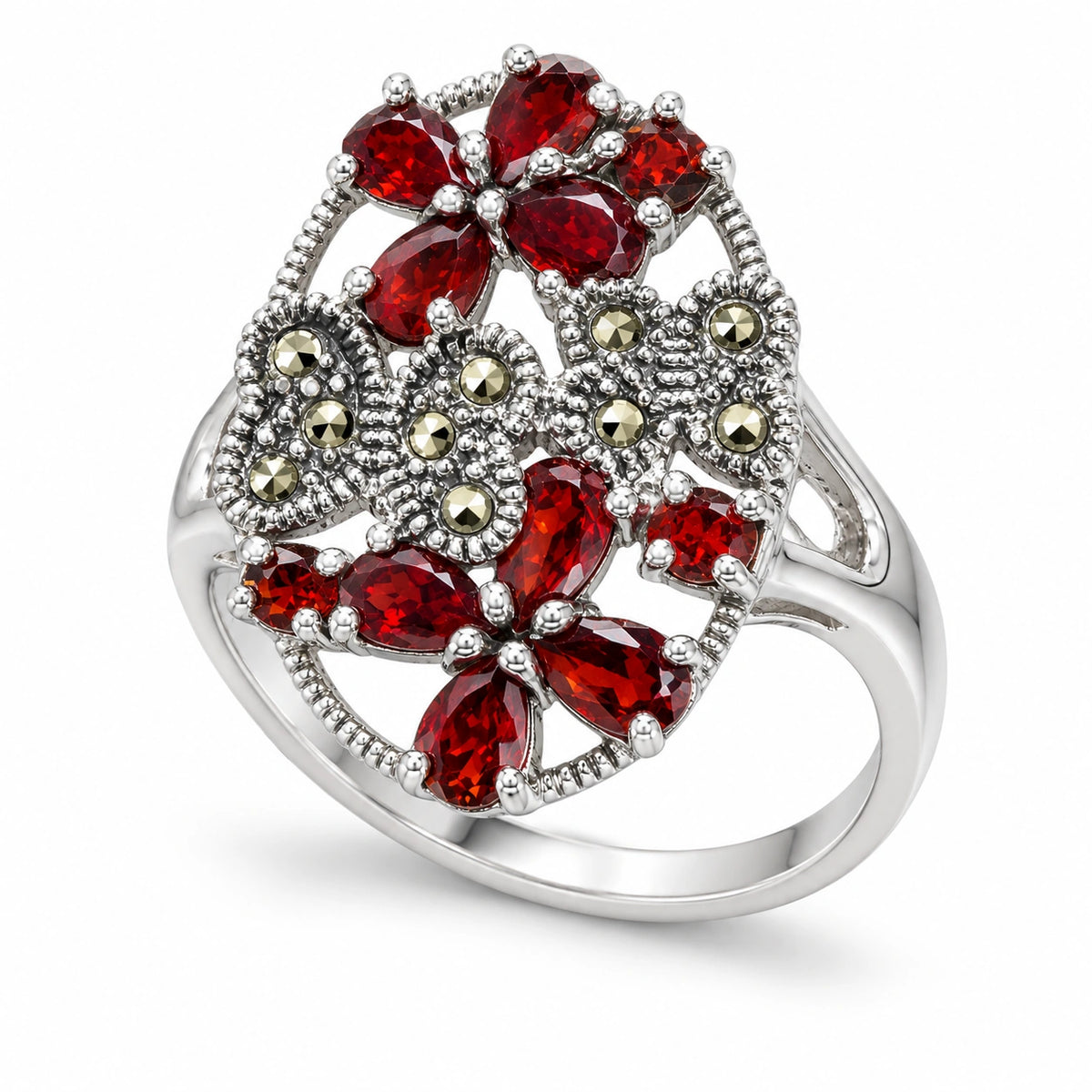 Women's 925 silver red CZ marcasite floral ring, angle view showing openwork oval frame and double flower clusters, Fine Silver KSA