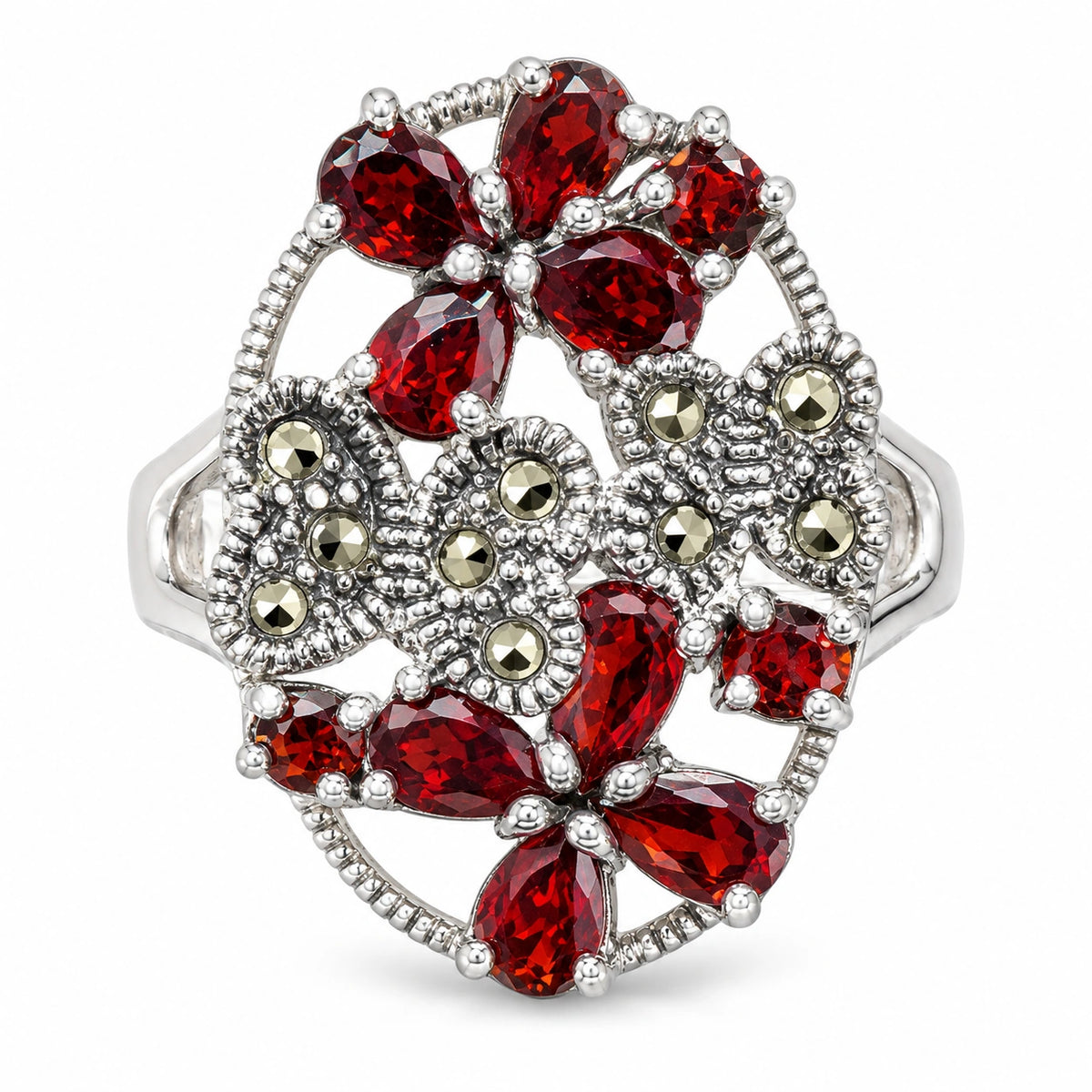 Women's 925 Italian sterling silver floral ring with red CZ pear-cut petals and marcasite centres, front view, Fine Silver KSA
