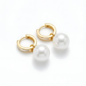 Italian 925 Silver Gold-Plated Pearl Drop Huggie Hoop Earrings