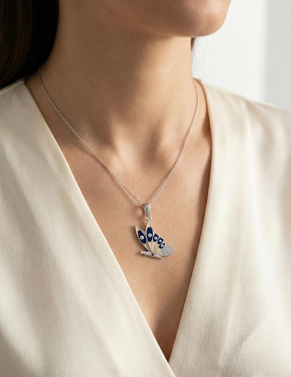 37d199cb-c3d1-43d2-a7a2-5548a8e5a075 Evil Eye Butterfly Silver Necklace - Image 2