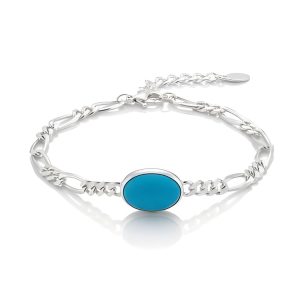925 Italian Silver Figaro Bracelet with Blue Oval Resin Stone