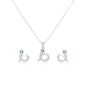 Italian 925 Silver Snake Jewelry Set with Green Eyes