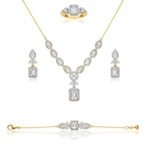 Italian 925 Silver Gold Polished Emerald-Cut Jewelry Set (4-Piece)