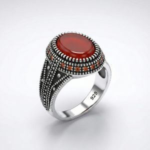 925 italian silver men's ring with red agate (aqeeq) & intricate dotted detail
