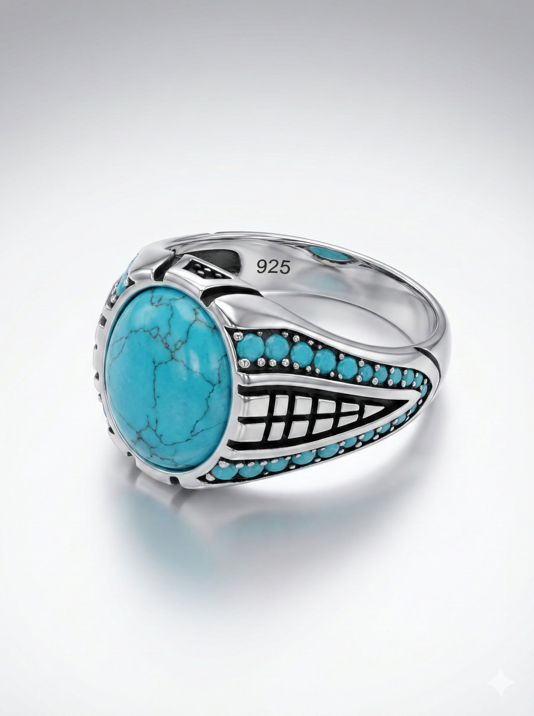 img_1679-2 925 italian silver men's ring with oval turquoise (firoza) & detailed side accents