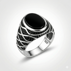 l925 italian silver men's ring with black onyx & intricate pave wave design